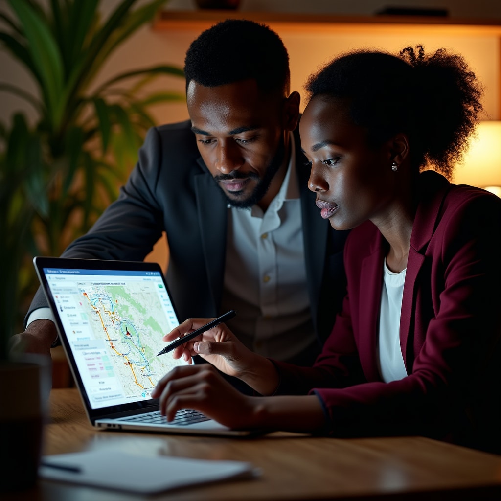 Logistics team reviewing route optimization data on computer screen